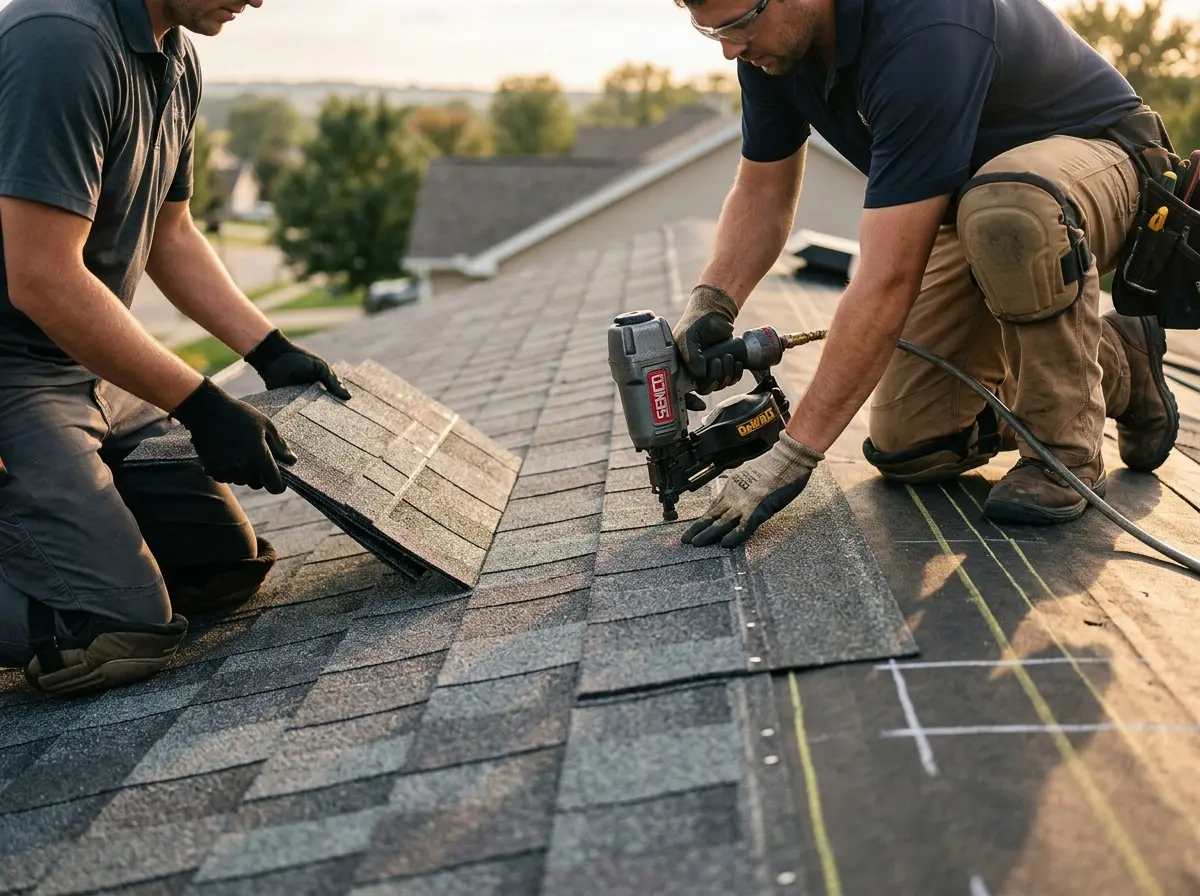 Professional roofer working on a residential roof in Marvin